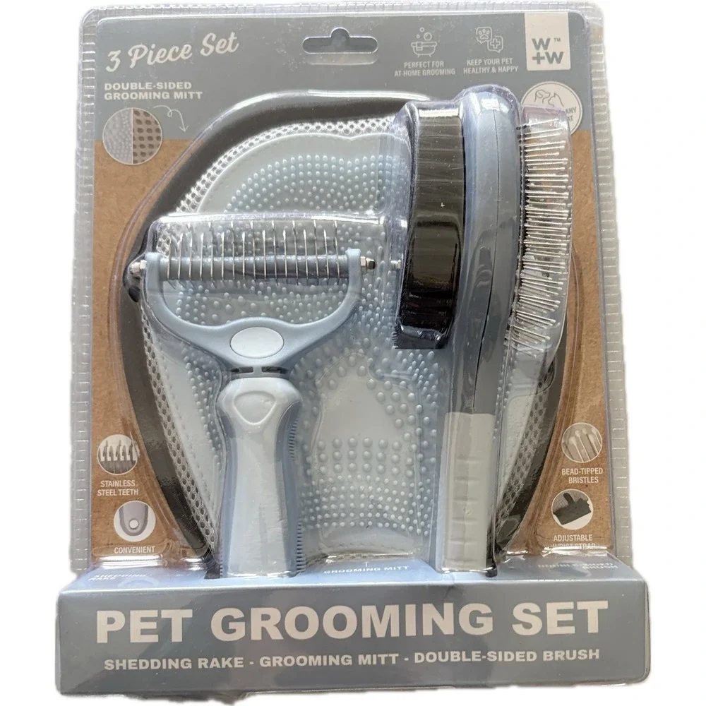 Wild & Woofy Dog Grooming Set Shedding Rake- Mitt- Double Sided Brush-3-Piece